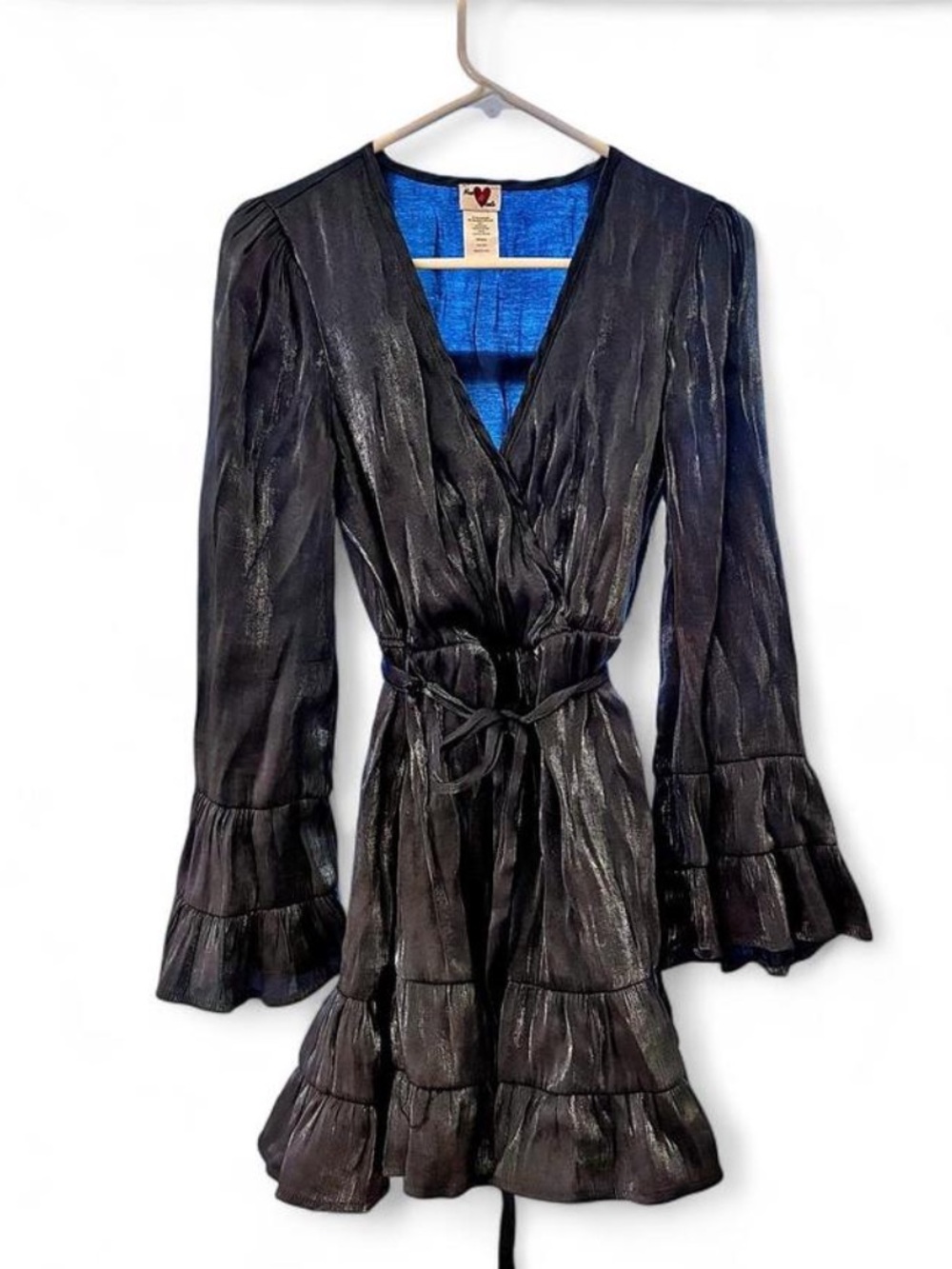 Shimmery Black Ruffled Wrap Dress